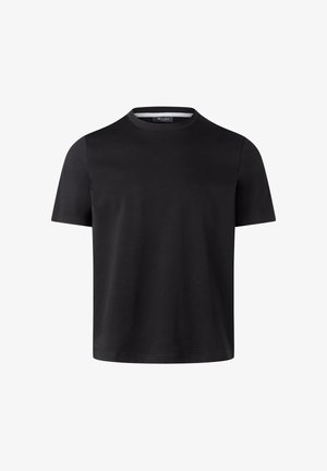 Schwarzes kurzärmeliges T-Shirt mit Rundhalsausschnitt und schlichtem Design sowie Maerz-Etikett innen am Kragen vor weißem Hintergrund.