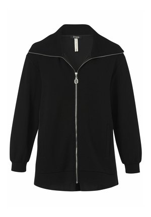 Zwarte lange mouwen jas met volledige zilveren rits aan de voorkant, opstaande kraag, elastische manchetten en zijzakken, met het merk "frapp" aan de binnenkant van de kraag.