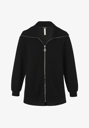 Zwarte lange mouwen jas met volledige zilveren rits aan de voorkant, opstaande kraag, elastische manchetten en zijzakken, met het merk "frapp" aan de binnenkant van de kraag.