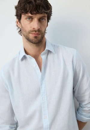 Hombre con cabello rizado y oscuro y barba, vestido con una camisa azul claro de rayas finas con las mangas remangadas, de pie frente a un fondo liso.