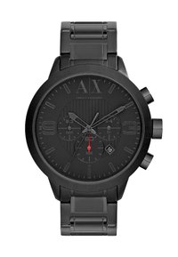 Orologio cronografo nero con cassa rotonda, quadrante nero testurizzato, indici delle ore argentati e lancetta dei secondi rossa. Presenta un bracciale in metallo a maglie.