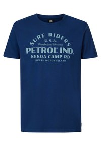 Blauwe katoen T-shirt met korte mouwen, voorzien van een grafische print met tekst, ronde hals en rechte zoom. Logo-detail aan de onderzijde.