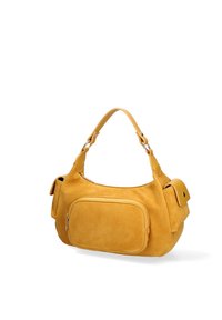 Borsa a mano in suede giallo con forma arrotondata, manico corto, tasca frontale con zip e dettagli puliti. Texture morbida e minimi elementi hardware.
