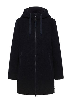 Veste en polaire noire à capuche avec fermeture éclair sur le devant, poches latérales zippées et cordons de serrage, sur fond uni.