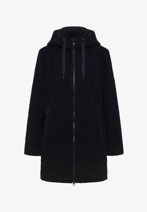 Schwarze Fleecejacke mit Kapuze, voller Frontreißverschluss, Reißverschluss-Seitentaschen und Zugbändern, auf einem schlichten Hintergrund.