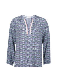 Mehrfarbige Langarmbluse mit geometrischem Muster in Blau-, Grün- und Rosatönen, mit einem eingekerbten Ausschnitt und leichtem Stoff.