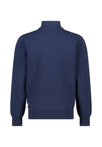 Tummansininen neulepusero, jossa on korkea kaulus, teksturoitu neulekangas, ribbireunukset hihoissa ja helmassa, sekä pieni merkkilapuke vasemmalla alhaalla.