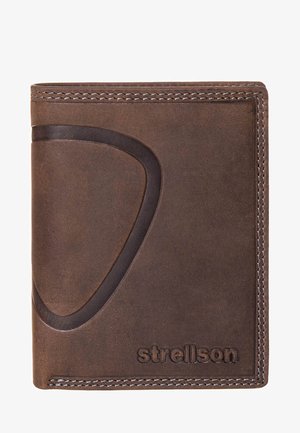 Billetera de cuero marrón con logo en relieve "strellson" y un parche oscuro decorativo en forma curva, con costuras blancas a lo largo de los bordes.