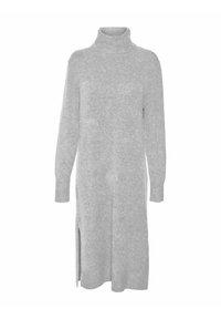Abito maglione grigio chiaro con collo alto, maniche lunghe, polsini a coste, spacchi laterali e una texture morbida. Realizzato in un materiale lavorato a maglia accogliente.