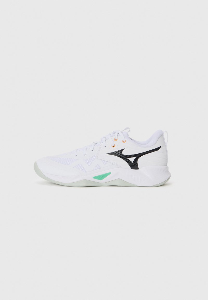White athletic shoe with mesh and synthetic materials. Features black logo, orange eyelets, and green accent on sole. Rounded design.