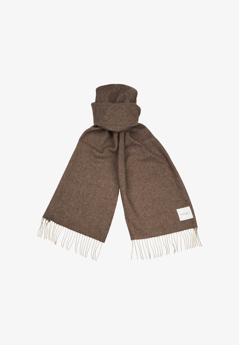 Brun uldscarf med et tekstureret mønster, frynser i enderne og en lille label med brandnavn i et hjørne.