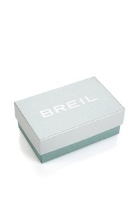 Breil gaveæske med et struktureret sølvlåg med hvid branding og en mintgrøn base. Rektangulær form med rene linjer.