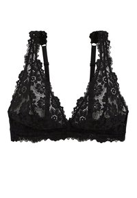 Bralette en dentelle noire avec un motif floral, bonnets doux, bretelles réglables, bords festonnés et une large bande en dentelle en bas.