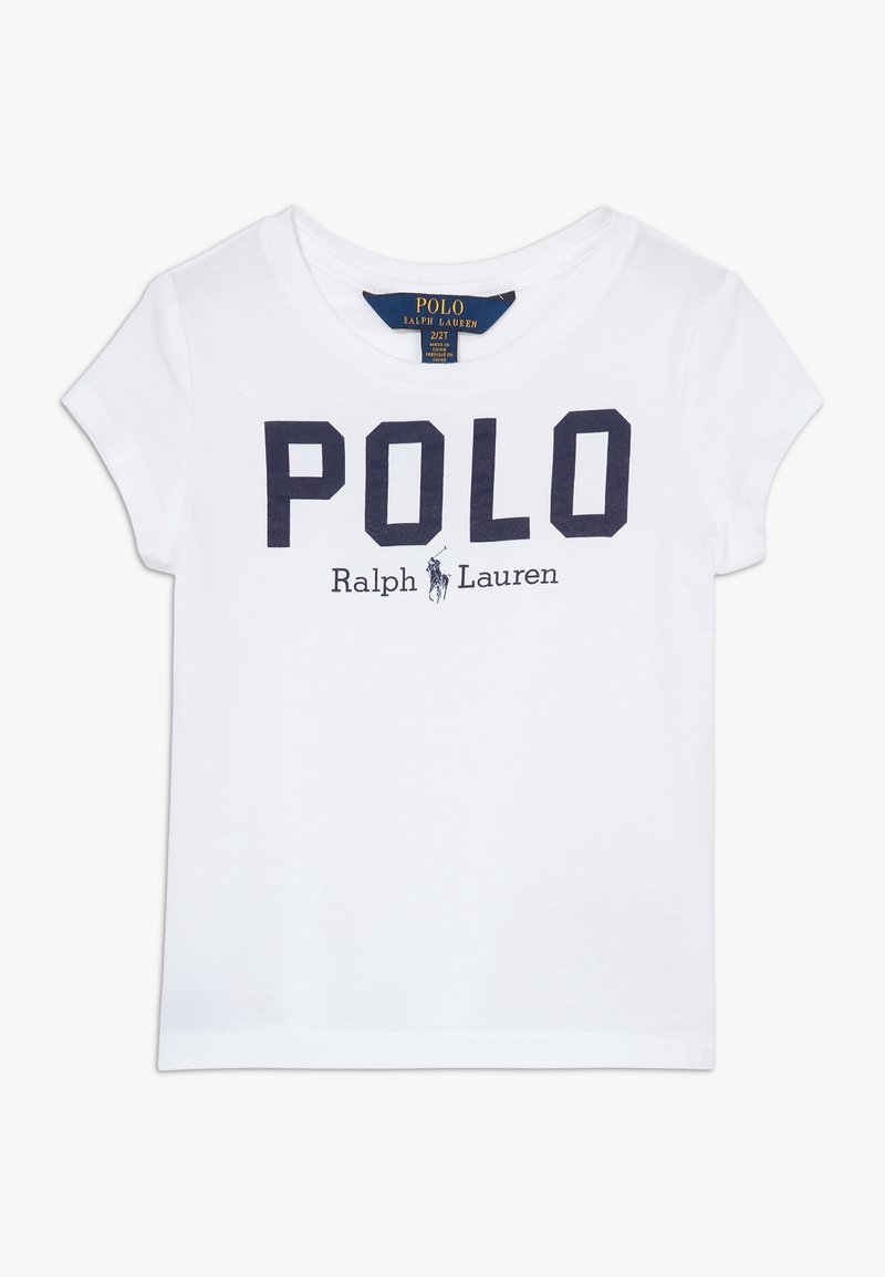 Camiseta de algodón blanca y de manga corta para niño con el texto "POLO Ralph Lauren" y el logo del jinete a caballos en color azul marino en la parte frontal.