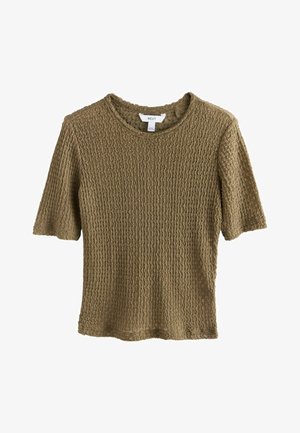 Olivengrünes, strukturiertes Kurzarmshirt mit rundem Ausschnitt. Hergestellt aus einem gestrickten Stoff mit einem gewellten Muster.