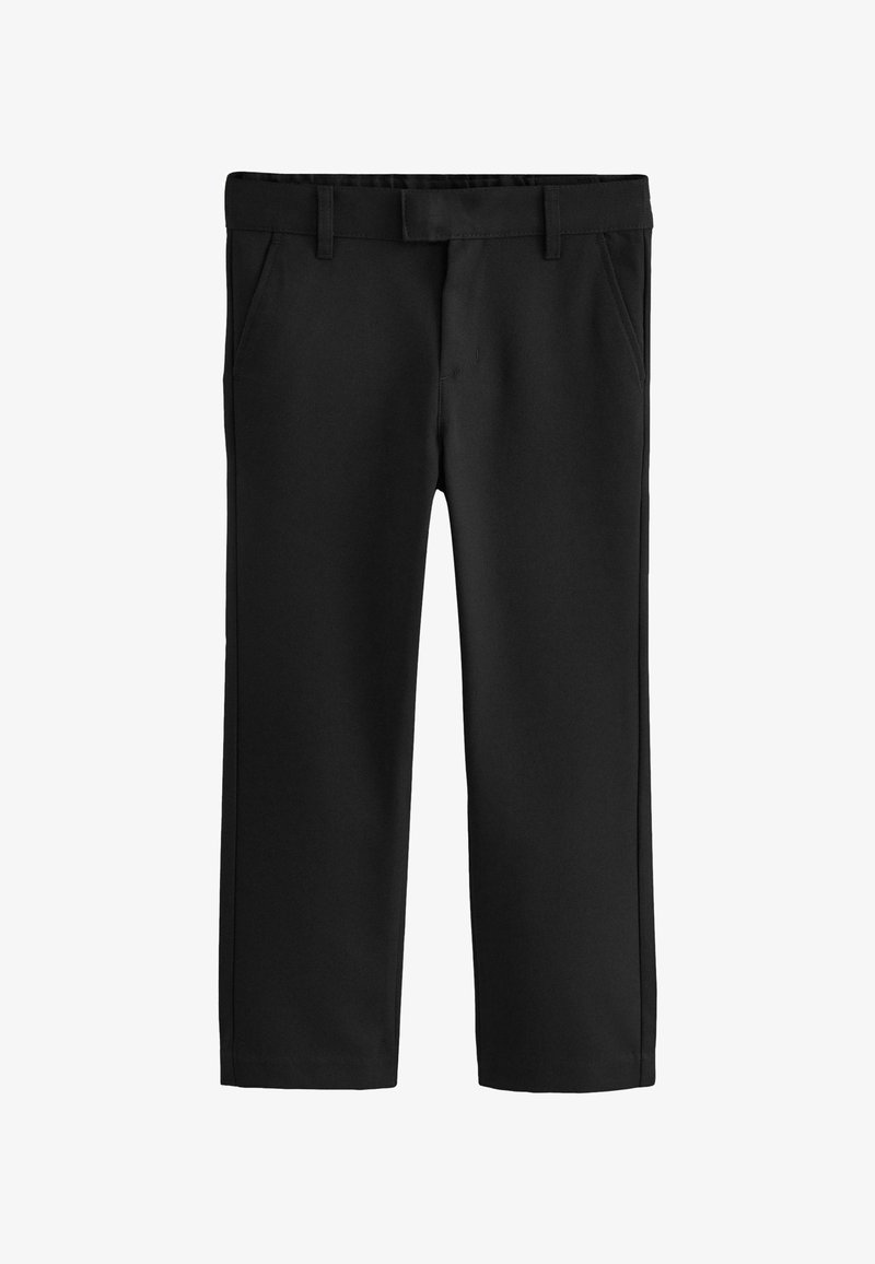 Czarne spodnie o gładkiej fakturze, z dwoma bocznymi kieszeniami, paskiem w talii i prostym krojem nogawki.