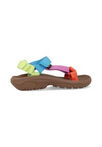 Sandal colorato con suola in gomma marrone, cinghie in toni di acquamarina, verde lime, rosa e arancione, dotato di una superficie texture per una migliore aderenza.