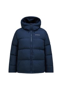 Marineblauer Puffer-Jacke mit hohem Kragen, Reißverschluss und Kapuze. Glatte Textur mit genähten rechteckigen Paneelen und Logodetail.
