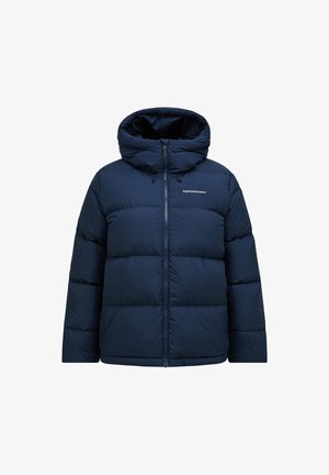 Casaco puffer azul-marinho com colarinho alto, fecho de correr e capucho. Textura lisa com painéis retangulares costurados e detalhe do logótipo.