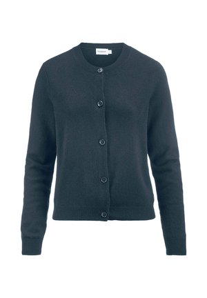 Donkergrijze cardigan van zacht materiaal, met een ronde halslijn, lange mouwen en zes bijpassende knopen aan de voorkant. Geribde zoom en manchetten.