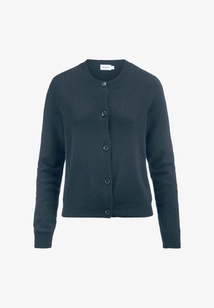 Donkergrijze cardigan van zacht materiaal, met een ronde halslijn, lange mouwen en zes bijpassende knopen aan de voorkant. Geribde zoom en manchetten.