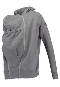 Hoodie grigio con zip e tasca frontale progettata per trasportare e tenere un bambino vicino al petto di chi lo indossa.