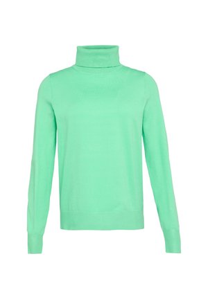 Roheline kõrge kaelusega kudum, millel on pikad varrukad, valmistatud siledast kudumismaterjalist, omades kitsast disaini ja soonikuid kaeluses ja mansettides.