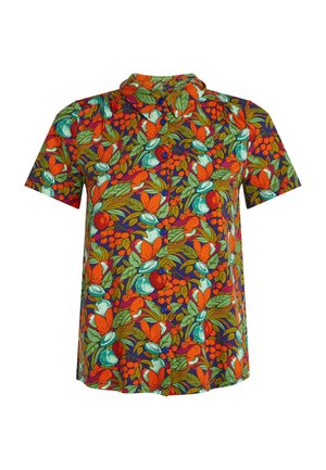 Camicia a maniche corte con bottoni, con motivo vivace di frutti arancioni, verdi e turchesi su sfondo scuro.