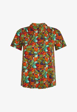 Kurzärmeliges Hemd zum Knöpfen mit lebhaftem Muster aus orangefarbenen, grünen und blaugrünen Früchten und Blättern auf dunklem Hintergrund.