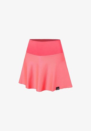 Coral pink high-waist A-line skirt with textured fabric and small black rectangular brand label near hem.