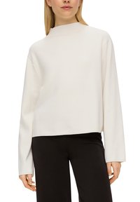 Leichtes, cremefarbenes Sweater mit hohem Kragen, langen Ärmeln und entspannter Passform. Strukturierter Rippenbesatz am Saum und an den Bündchen.