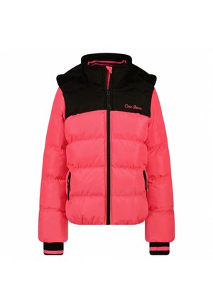 Veste rembourrée rose et noire avec un col haut, fermeture éclair à l'avant et deux poches latérales. Présente des manches côtelées contrastées pour un détail supplémentaire.