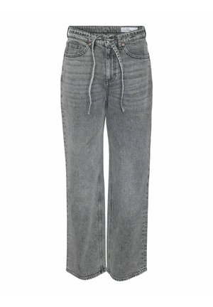 Grå denim vide bukser med snor i taljen, forlommer og subtil fading, med synlige søm langs sømmene.