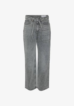 Sive traperice širokog kroja s elastičnom trakom za stezanje u struku, prednjim džepovima i suptilnim izbljeđivanjem, s vidljivim šavovima duž završetaka.