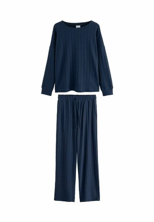 Navyblaues, geripptes Lounge-Set bestehend aus einem Langarm-Oberteil mit weitem Ausschnitt und elastischen Hosen mit Taschen. Weiches Stoffgefühl.