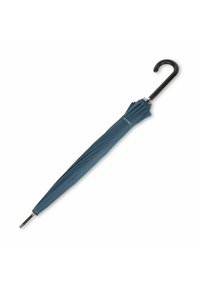 Blue umbrella with a ribbed canopy, curved black handle, and metallic tip. Designed for compact storage with a sleek appearance.