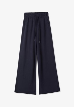 Pantaloni a gamba larga color blu navy con vita elastica, coulisse e tasche laterali, mostrati distesi su sfondo bianco.