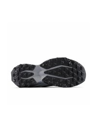 Semelle de chaussure de sport noire avec un motif triangulaire texturé. Présente une section médiane lisse et une construction en caoutchouc durable.