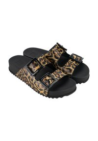 Infradito con stampa leopardata nera e marrone, dotati di due cinturini regolabili e hardware nero. Soletta testurizzata con suola in gomma rigata.