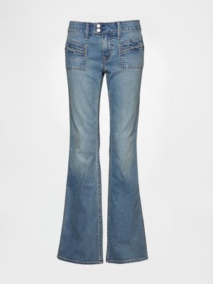 Flared blue denim jeans feature a high waist, two front pockets with textured detailing, and a traditional button closure.