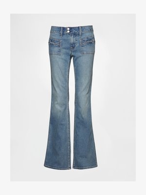 Flared blue denim jeans feature a high waist, two front pockets with textured detailing, and a traditional button closure.