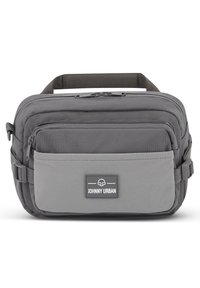 Borsa a tracolla grigia con una texture liscia, due scomparti con zip, una tasca frontale e una tracolla regolabile. Presenta una patch con il logo.