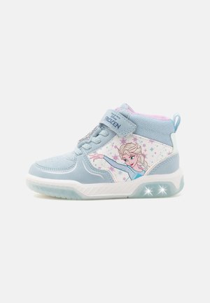 Jasnoniebieski dziecięcy sneaker z grafiką postaci Elsy z filmu Kraina Lodu, pasek na rzep i podświetlana podeszwa.