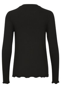 Black ribbed long-sleeve top with a round neckline and scalloped edges on the sleeves and hem. Smooth texture with a fitted design.