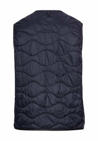 Marineblaues gesteppter Weste mit Wellenmuster. Verfügt über ein ärmellos Design und eine glatte, reflektierende Textur. Verstellbare Schlaufe am Hals.