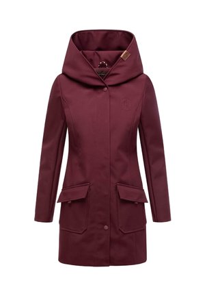 Burgundy waterproof coat with a high, draped hood, two front flap pockets, and a subtle logo on the chest, featuring a smooth, matte texture.