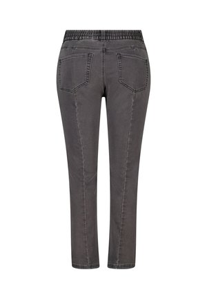 Grijze stretch jeans met een elastische tailleband, vijf zakken, taps toelopende benen en zichtbare stiksels langs de naden.
