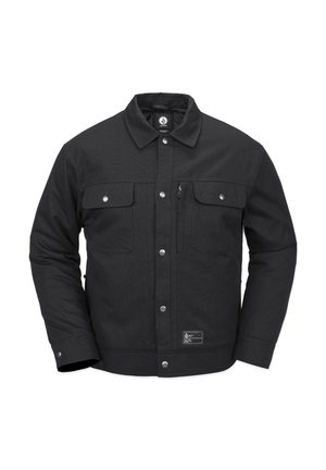 Chaqueta de algodón negra con un diseño estructurado, que cuenta con dos bolsillos en el pecho, un bolsillo con cremallera y botones de presión. Tejido texturizado con una etiqueta.