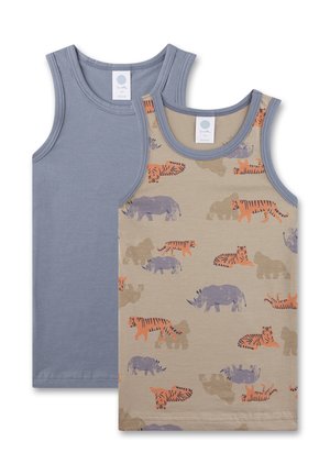 Zwei Tanktops: eines in einfarbigem Grau, das andere in Beige mit einem strukturierten Tiermuster in Orange und Grau. Aus weicher, biologischer Baumwolle. Mit Rundhalsausschnitten.
