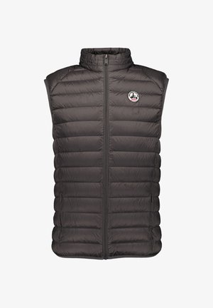 Gilet imbottito senza maniche grigio scuro con collo a listino, cerniera frontale, tasche laterali con cerniera e toppa circolare con logo sul petto.